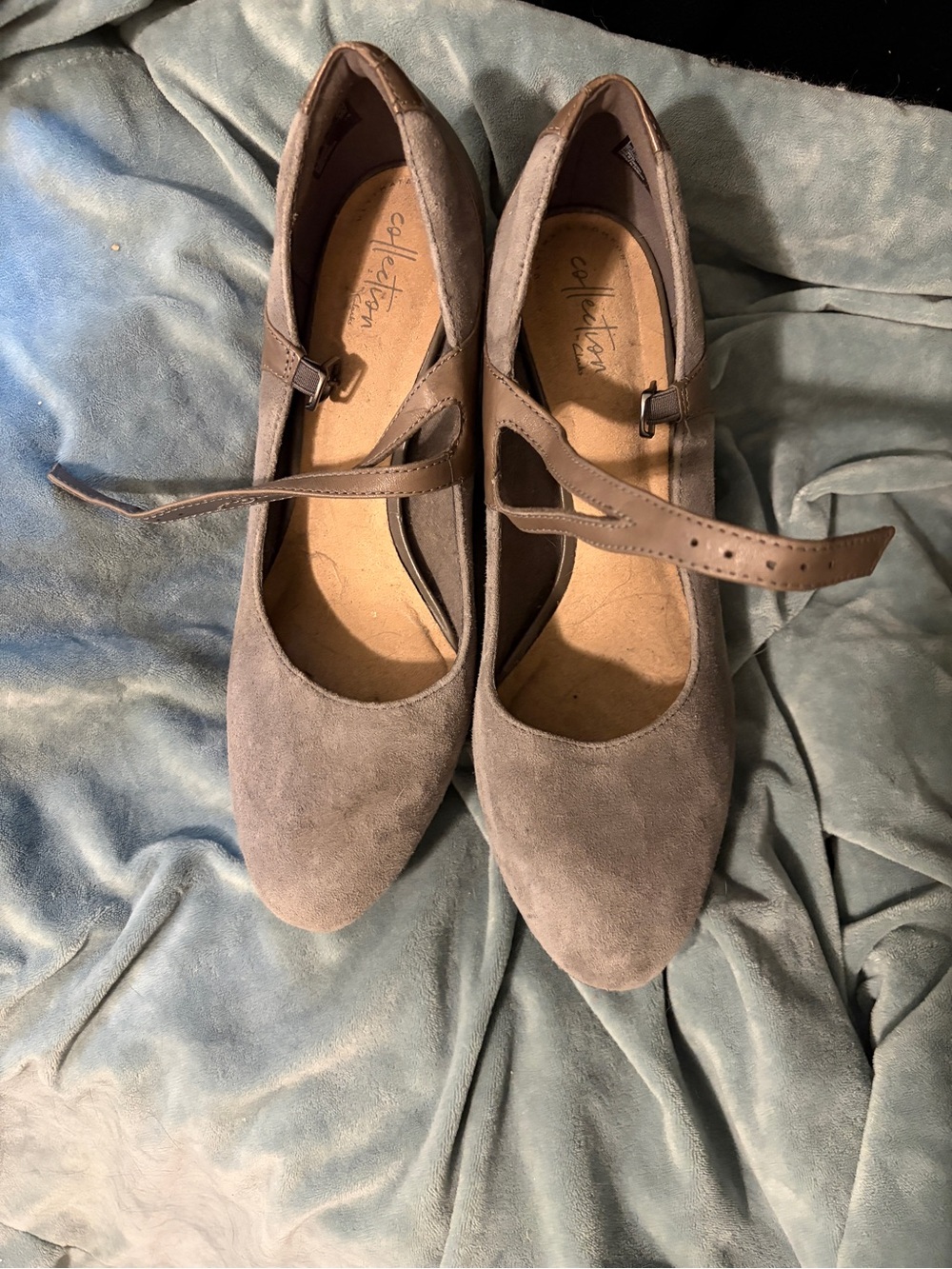 Clarks Taupe Suede Mary Jane Heels with Strap